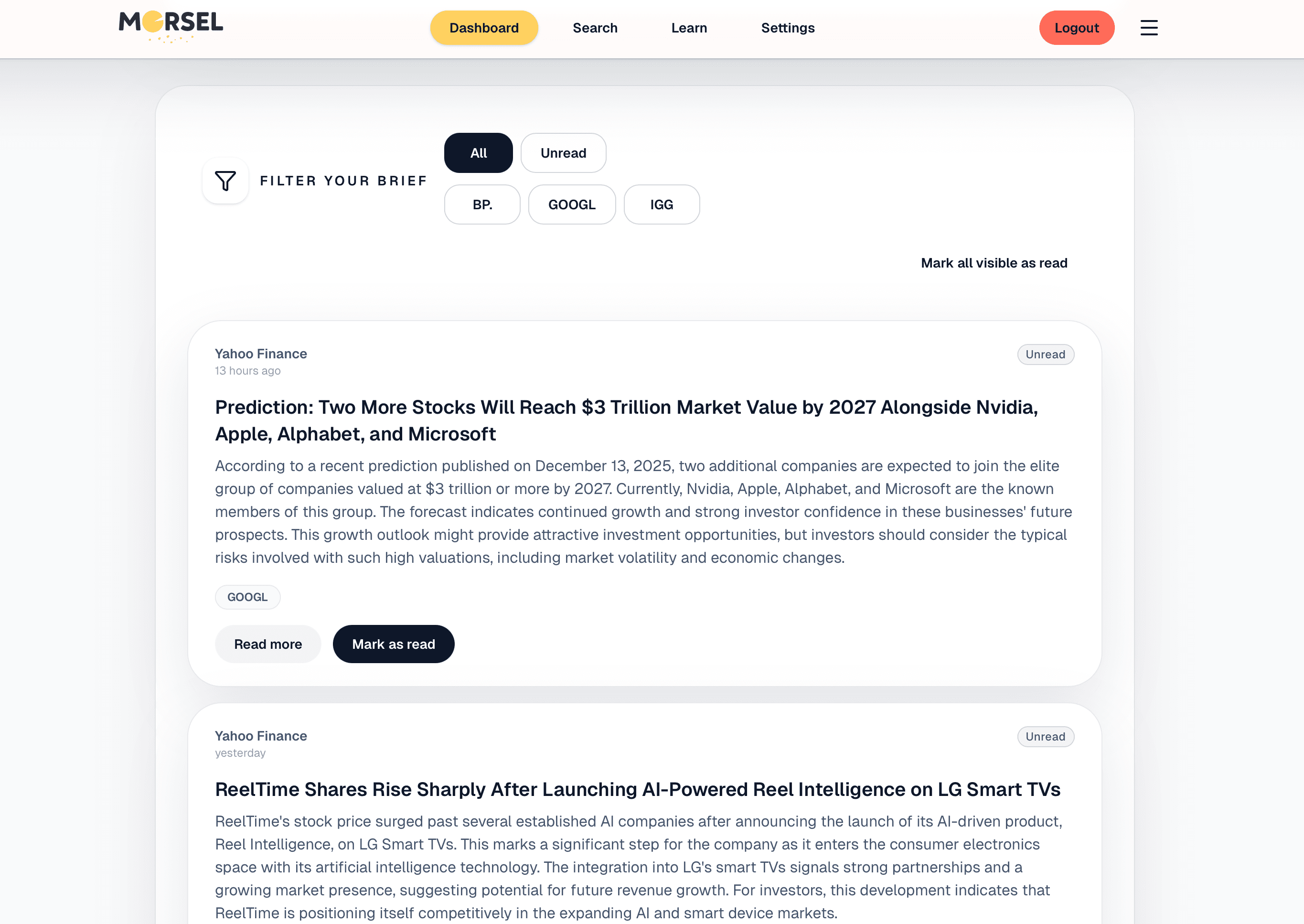 Personalised dashboard preview